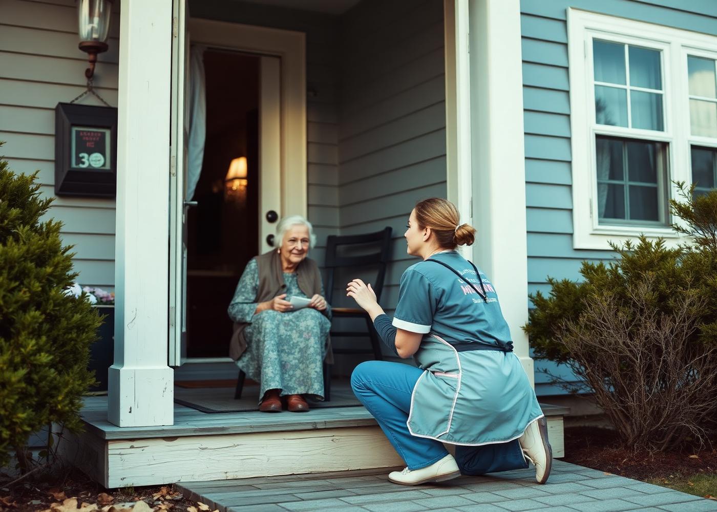 A volunteer sitting with and listening to an older community member