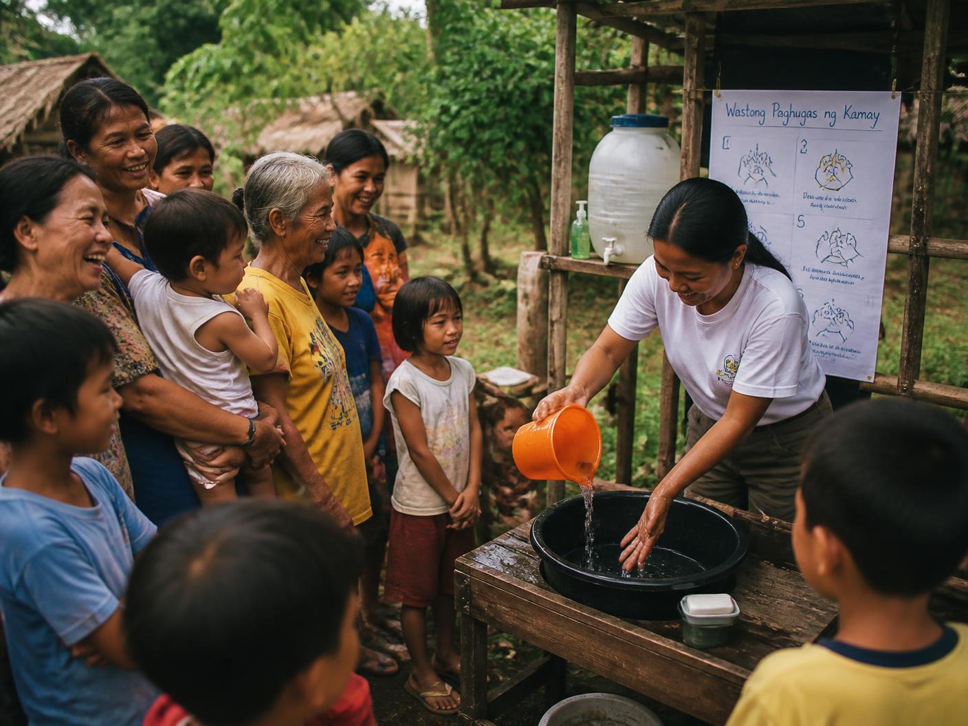 A facilitator leading a hands-on handwashing demonstration while families and children look on